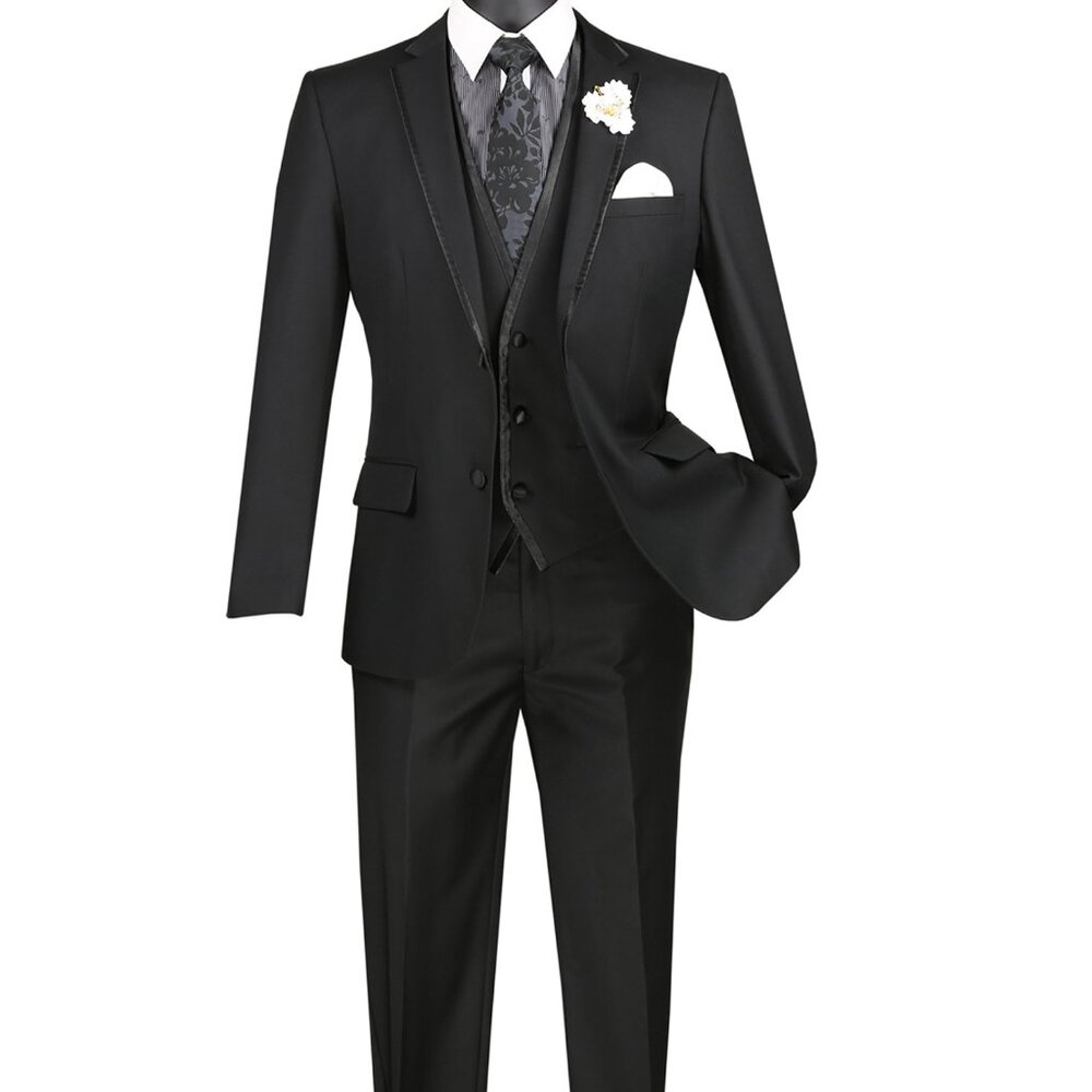 Men's Slim-Fit 3-pc. Trimmed Lapel Textured Solid Suit-Black